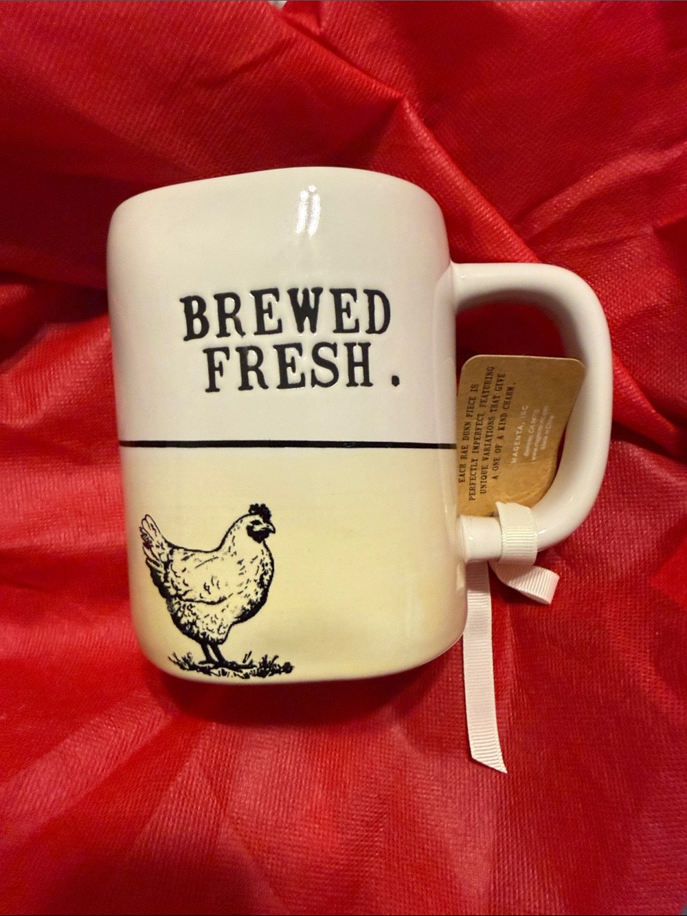 Rae Dunn Fresh Brewed Coffee Mug with Chicken Graphic - White & Cream NEW